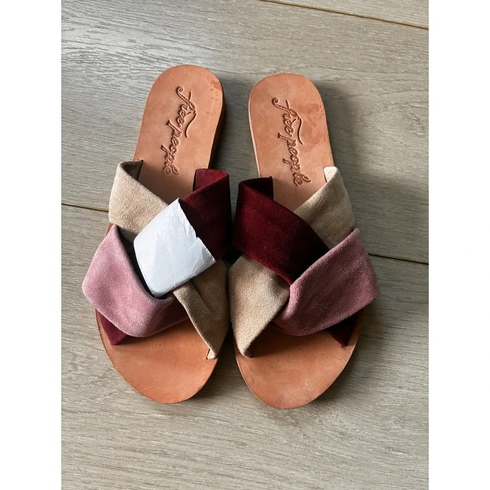 Free People Women Suede Twisted Slide Sandals Burgundy Tan Mauve Flat 36 NEW